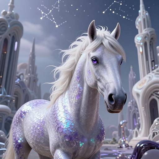 Photorealistic digital art of a shimmering white, sequined horse with purple eyes, standing in a magical, starry, castle-filled night sky