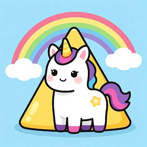 Cute Cartoon Unicorn with Rainbow and Pyramid