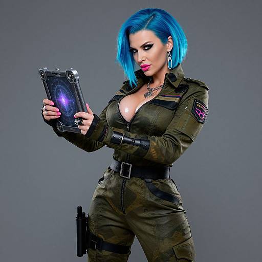 Digital artwork of a blue-haired woman in a green camouflage jumpsuit, holding a sci-fi tablet with a glowing blue screen, against a gray background,
