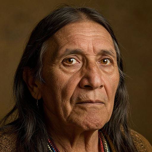 Close-up photograph of an elderly Native American woman with long, dark hair, brown eyes, and deep wrinkles, wearing a beaded necklace, against a