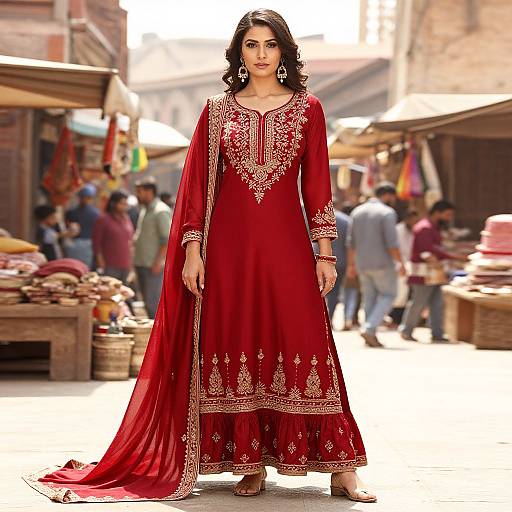 Crimson Salwar Suit in Sunlit Market