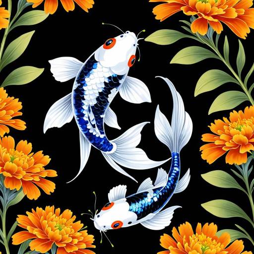 Koi Fish and Marigold on Dark Background Koi Fish and Marigold on Dark Background