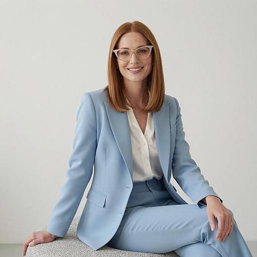 Photograph of a smiling, red-haired woman in a light blue business suit and white shirt, sitting against a white background. She wears glasses and has