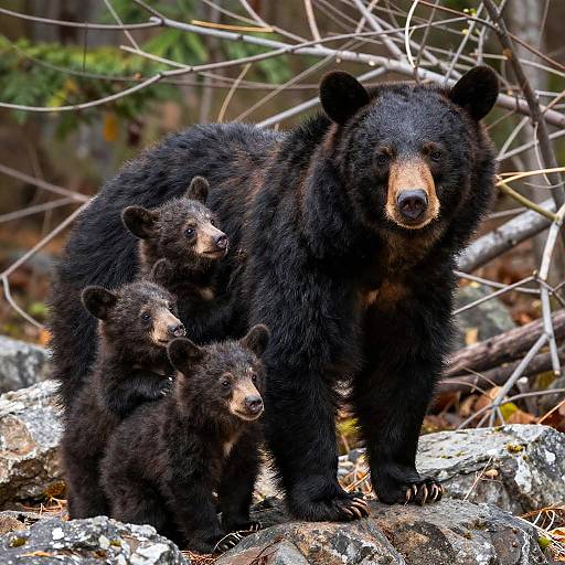 Photograph of a large black bear with three small cubs standing on rocky terrain in a forest, surrounded by bare branches and green foliage.