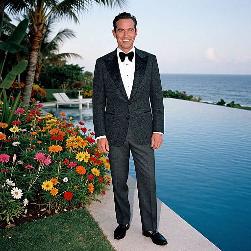 Photograph: Smiling man in black tuxedo with bow tie standing by colorful flower bed, ocean view, and infinity pool in tropical setting.