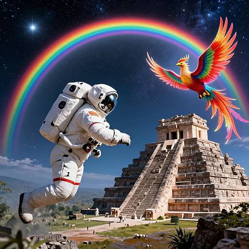 Photograph: Astronaut in white spacesuit leaps beside colorful phoenix, above ancient Mesoamerican pyramid with vibrant rainbow in starry night sky.
