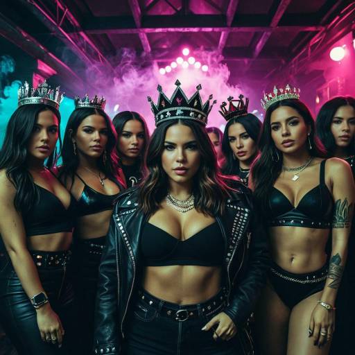 Women in Crowns and Edgy Outfits in Neon-lit Traphouse