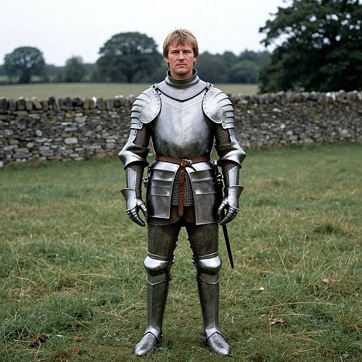 Photograph of a young, blonde Caucasian man in full silver medieval armor standing in a grassy field with a stone wall and trees in the background.