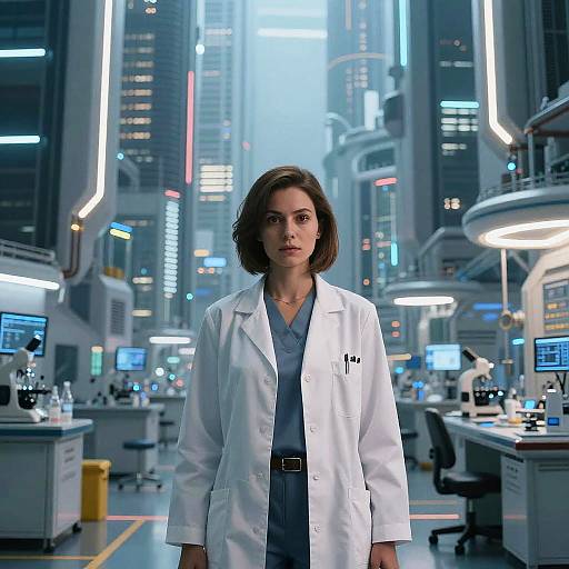 Photograph of a serious brunette woman in a white lab coat standing in a futuristic, neon-lit high-tech laboratory with multiple computer screens and equipment.