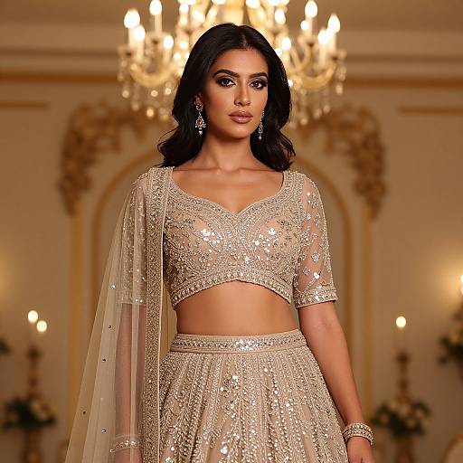 Photograph of a beautiful Indian woman with dark hair, wearing a sparkling, gold-embellished choli and lehenga set, standing in an