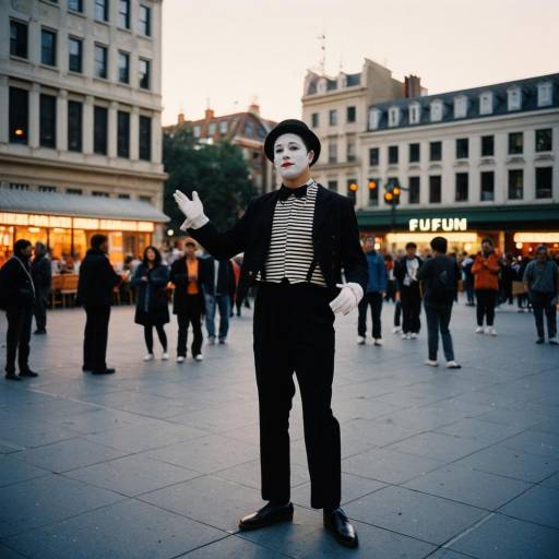 Mime performer in city square at sunset