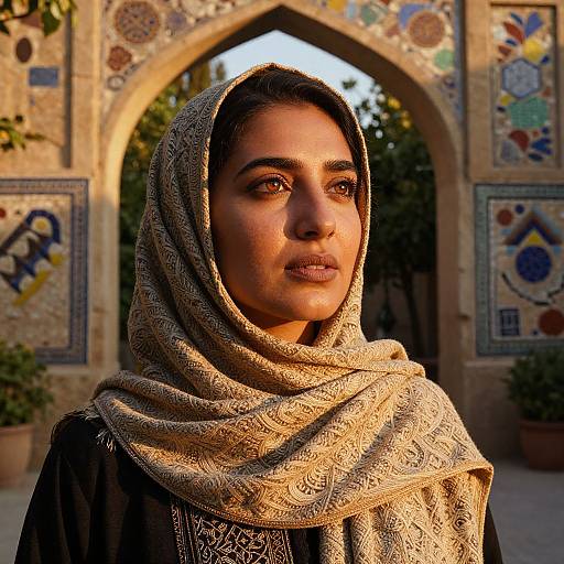 Photograph of a Middle Eastern woman with olive skin, dark eyes, wearing a gold-patterned headscarf, in front of an ornate,