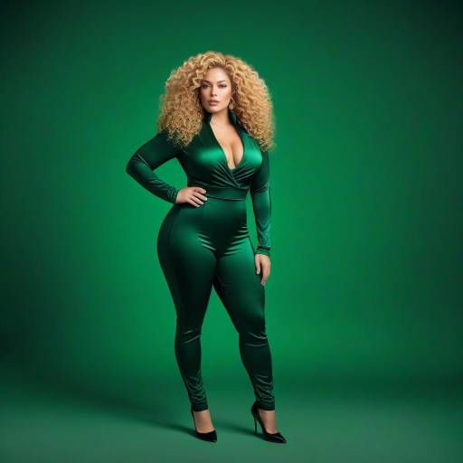 Elegant Woman in Green Catsuit with Curly Hair