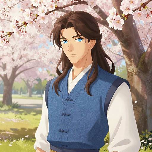 Digital anime-style drawing of a handsome man with long black hair, blue eyes, and a blue patterned vest, standing under cherry blossoms. Bright