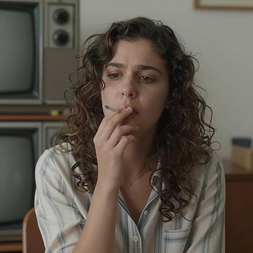 Woman Smoking Indoor with Vintage Electronics