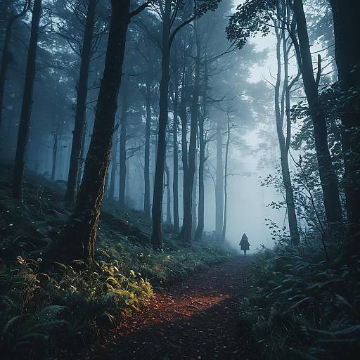 Ethereal Figure in Foggy Enchanted Forest