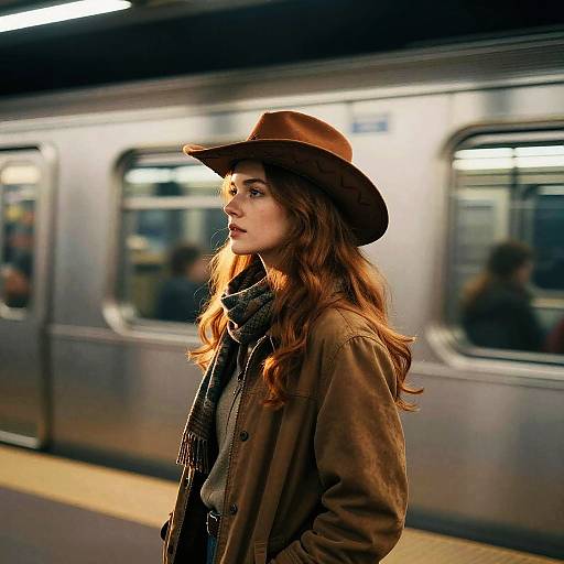 Photograph of a young woman with long auburn hair, brown hat, brown jacket, and black scarf, standing on a subway platform with a