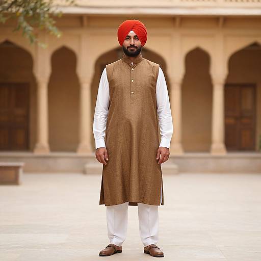 Photograph of a bearded Indian man in a red turban, brown vest over white shalwar kameez, standing in front of a