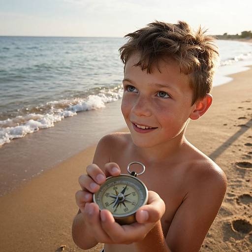 Photograph of a smiling, shirtless young boy with short brown hair holding a compass on a sunny beach with gentle waves.