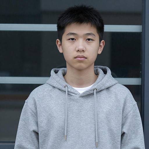 Asian Teenage Boy in Gray Hoodie