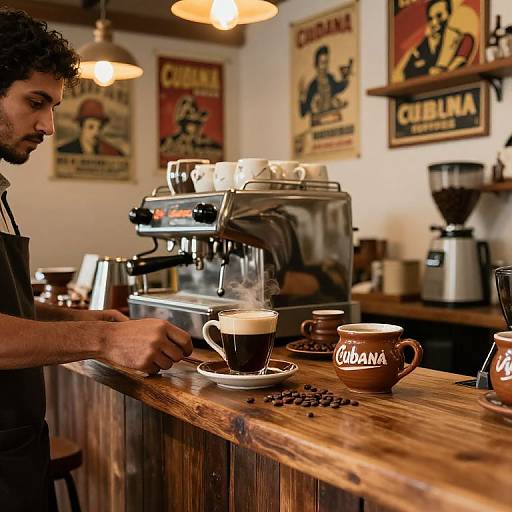 Photograph of a curly-haired barista making espresso in a rustic coffee shop with vintage 