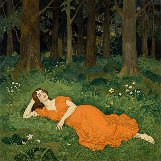 Artistic illustration of a fair-skinned woman with brown hair, wearing an orange dress, lying in a lush, forested meadow with tall trees