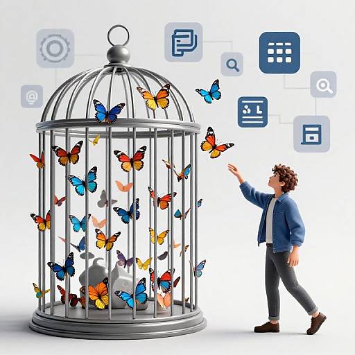Digital illustration: Man in blue suit reaches into large silver birdcage filled with colorful butterflies, surrounded by floating tech icons.