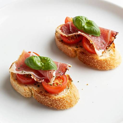 Photograph of two mini toasted bagels topped with slices of tomato, prosciutto, and fresh basil, on a white plate.