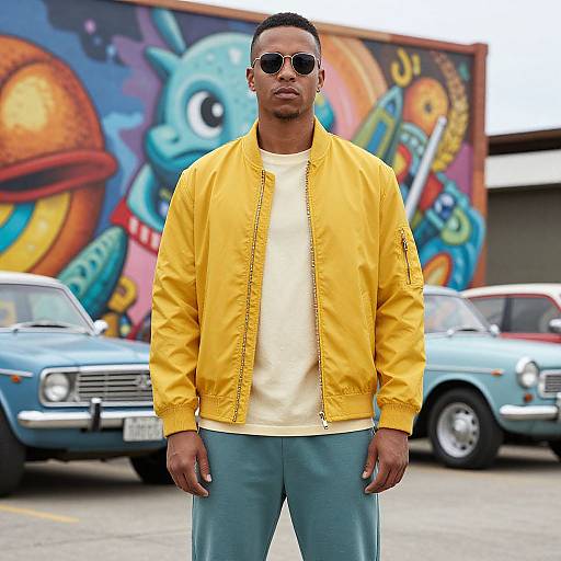 Photograph of a Black man with dark skin wearing a yellow jacket, white shirt, teal pants, and round sunglasses, standing in front of a colorful
