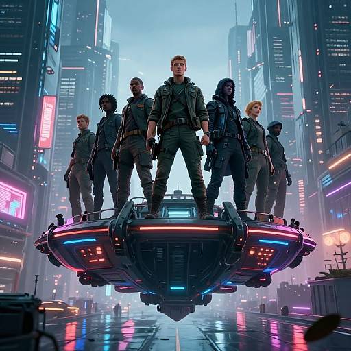 Digital CGI of a diverse team of six armed soldiers standing on a glowing, futuristic hover platform in a neon-lit, cyberpunk city.