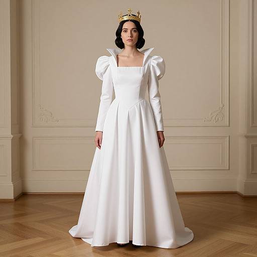 Photograph of a woman with short black hair, wearing a white, puffed-sleeve, satin ball gown and a golden crown, standing in