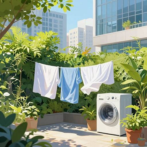 Sunlit urban rooftop garden with lush green plants, white and blue laundry hanging, and a front-loading washing machine among potted plants.