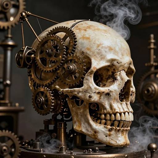 Photorealistic digital artwork of a weathered, smoke-emitting skull with intricate, interlocking gears and machinery, set against a dark, industrial background