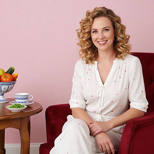 Photograph of a smiling, curly-haired woman in a white dress, seated on a red chair, with a wooden table holding fruit and a teac