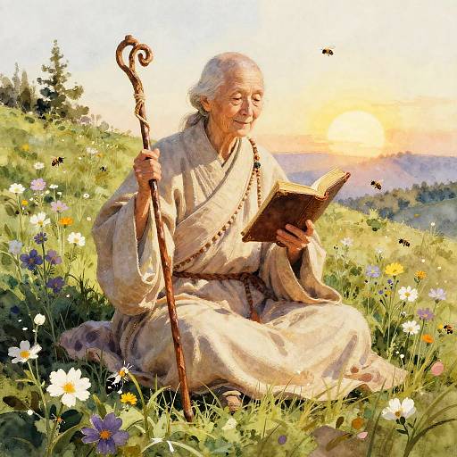 Elderly Monk in Serene Wildflower Hills