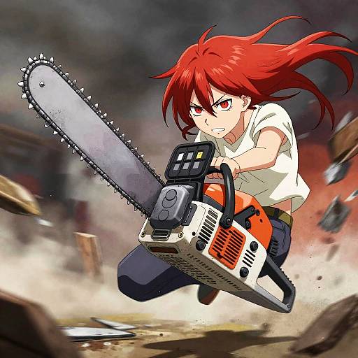 Digital anime-style illustration of a red-haired girl with intense expression, wielding a chainsaw, mid-air, amidst a chaotic, smoky background.