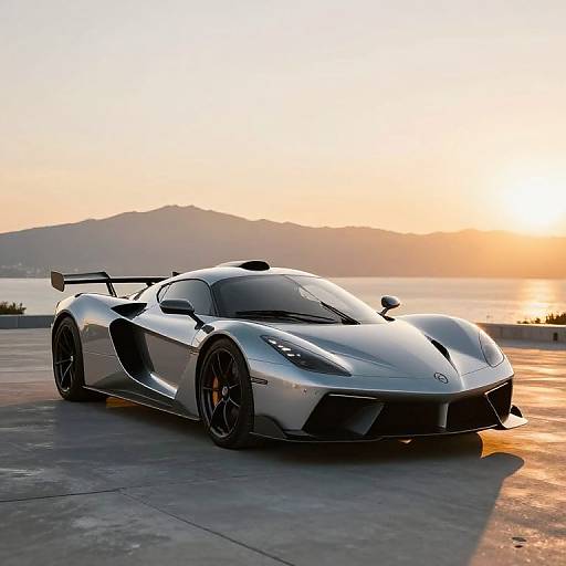 Photograph of a sleek, silver Lamborghini Aventador on a sunlit rooftop, with a serene ocean and mountains in the background.