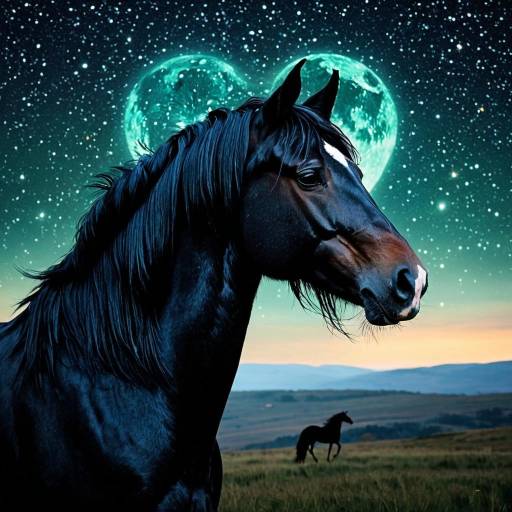 Black Horse Under Starry Sky with Heart-Shaped Moon