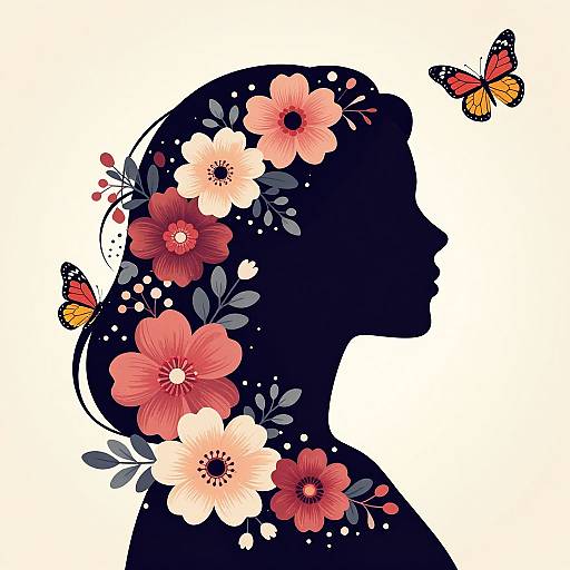 Digital silhouette of a woman with floral patterns and butterflies, in dark blue, against a white background. Vibrant red, pink, and white flowers adorn