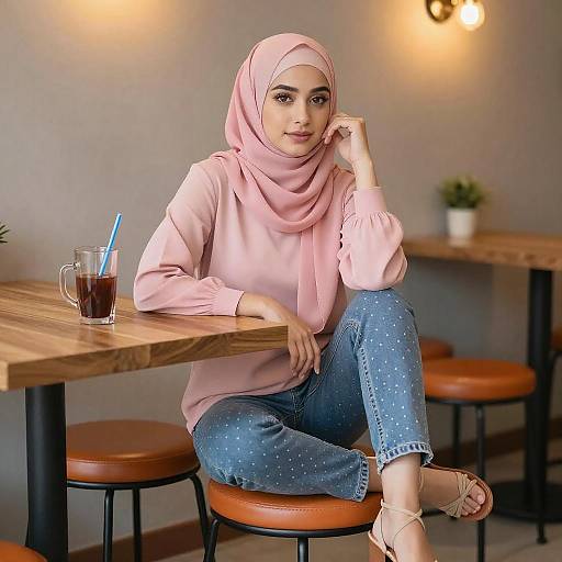Young Woman in Pink Hijab at Café