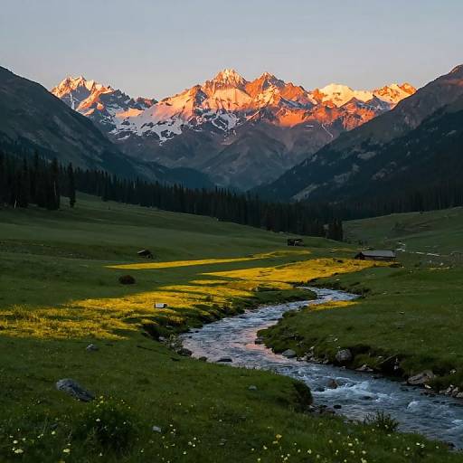 Photograph of a vibrant mountain landscape at sunset, with snow-capped peaks glowing orange, a serene meadow, a winding stream, and dark pine