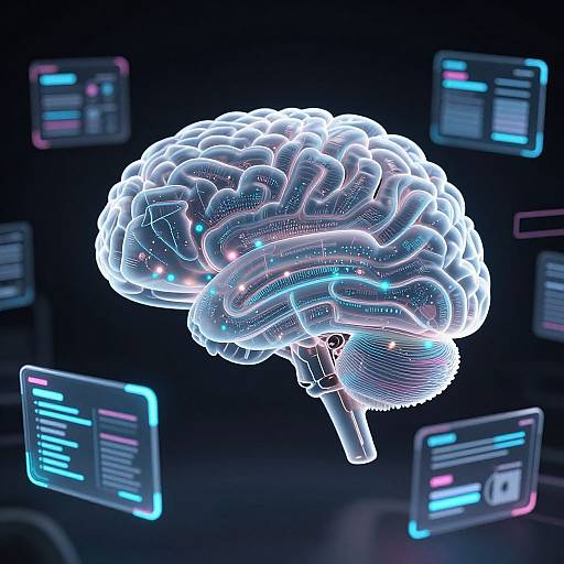 Glowing, neon-lit 3D brain hologram floating in a futuristic, dark room with neon-colored computer monitors displaying data in the background