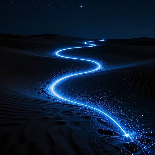Photograph of a glowing blue light trail winding through dark, starry sand dunes at night, creating a magical, ethereal effect.
