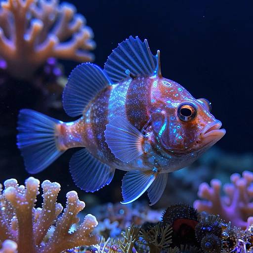 Photograph of a vibrant, blue-and-orange fish with glowing spots, swimming near corals in a dark blue underwater setting.