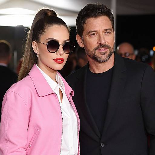 Photograph of a stylish couple; woman with red lipstick, pink jacket, white shirt, sunglasses; man with black suit, black shirt, beard;