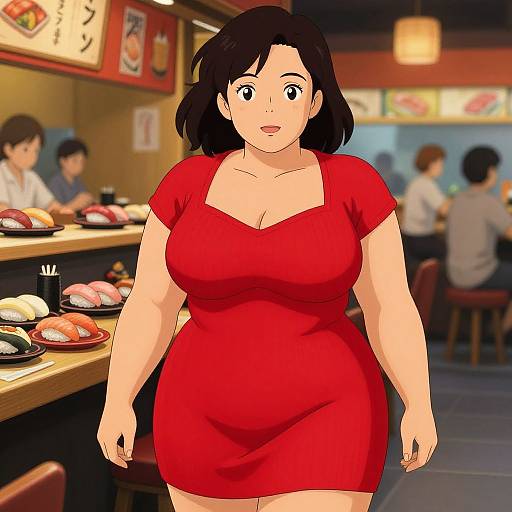 Digital anime-style drawing of a curvy woman with black hair in a tight red dress, standing in a busy sushi restaurant.