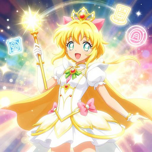 Anime-style digital illustration of a cheerful blonde girl with green eyes, wearing a white and gold magical girl outfit, holding a glowing wand, surrounded by colorful