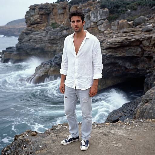 Photograph of a handsome, dark-haired man in a white, slightly unbuttoned shirt and ripped white jeans, standing on a rocky cliff overlooking a