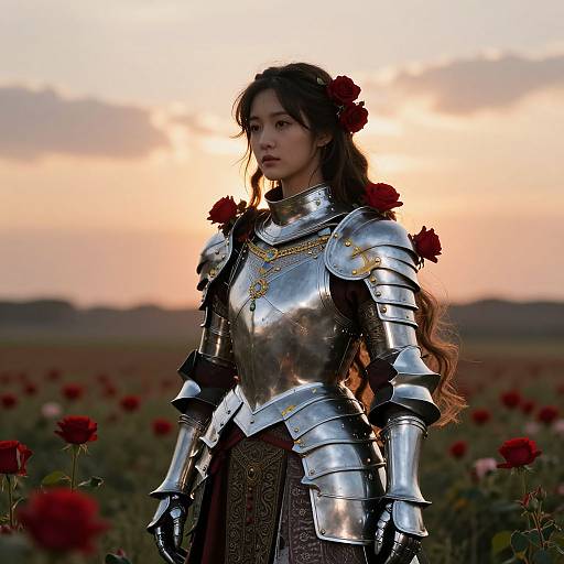 Photograph of an Asian woman with long brown hair, wearing silver medieval armor adorned with red roses, standing in a field of red poppies at sunset