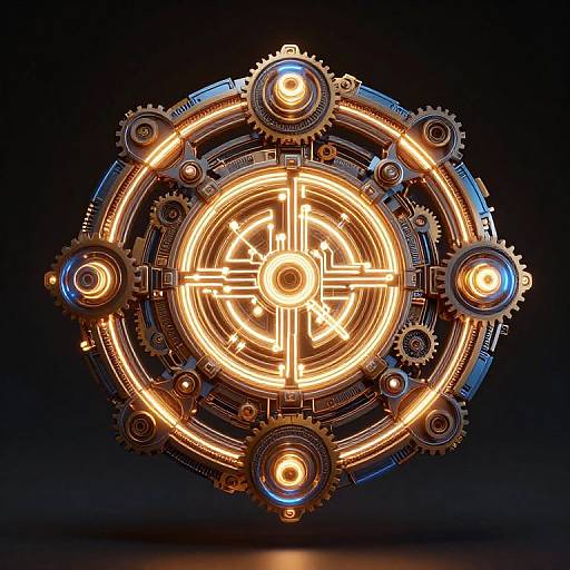 Digital art of a glowing, intricate, circular mechanical design with orange and blue lights, gears, and glowing orbs against a dark background.
